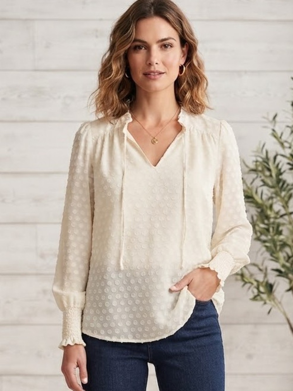 LOFT Cream Textured Dot Long-Sleeve Blouse